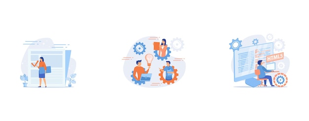 Edición y revisión de artículos de noticias, ejercicio de creación de equipos, programación HTML5, conjunto de vectores planos