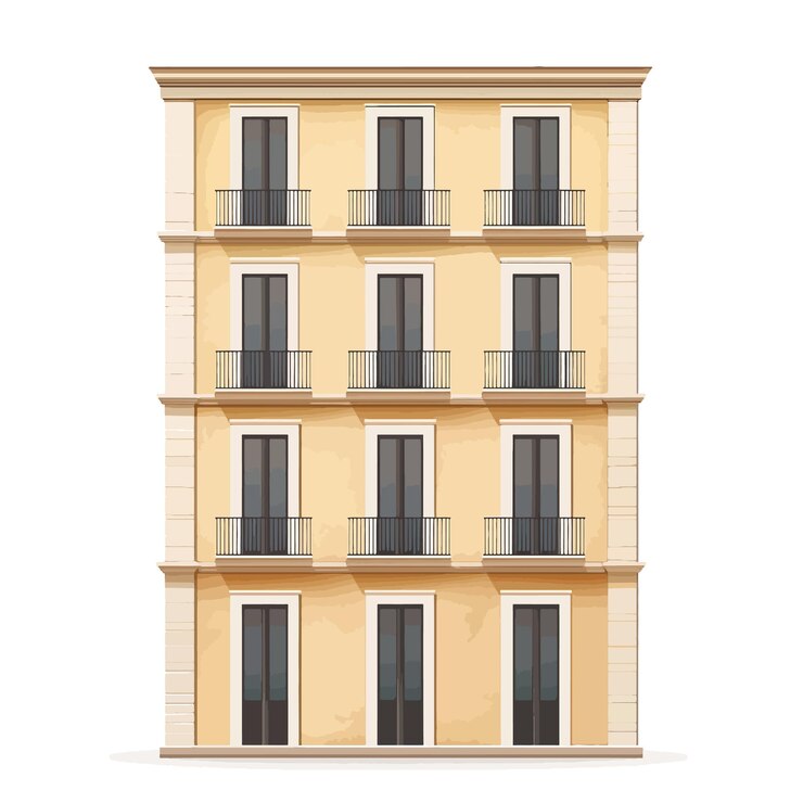 Vector un edificio amarillo con muchas ventanas y balcones