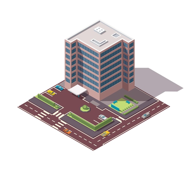 Edificio de apartamentos de la ciudad isométrica de oficinas con calles y automóviles para la creación de mapas de la ciudad elemento infográfico composición de la casa de la ciudad con carreteras