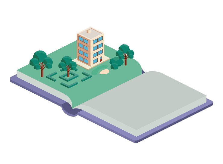 Vector edificio y árboles escena isométrica en el libro