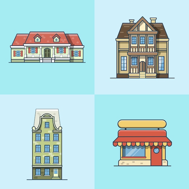 Edificio de arquitectura de restaurante de café de casa de ciudad iconos de estilo plano de contorno de trazo lineal. colección de iconos de arte de línea multicolor.