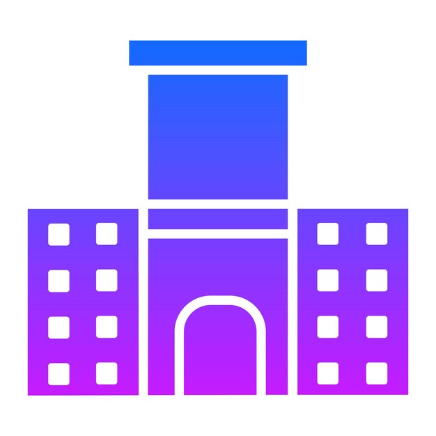 un edificio azul y púrpura con un letrero azul que dice arco