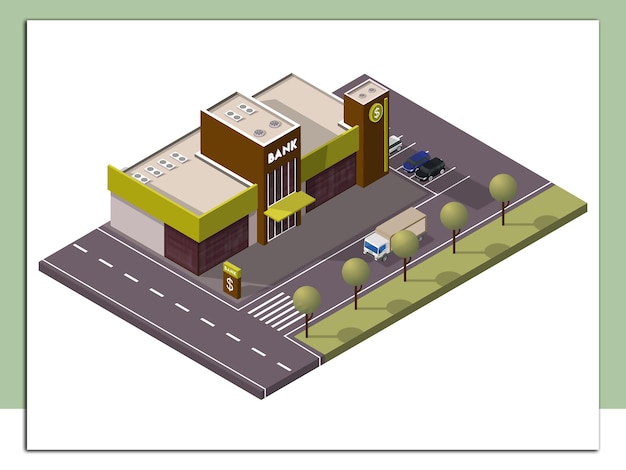 Edificio bancario isométrico con estacionamiento de automóviles frente al patio de la calle Vista de fondo