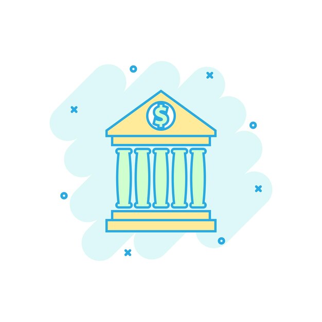 Edificio de banco de dibujos animados de vector con icono de signo de dólar en estilo cómic Pictograma de ilustración de signo de banco Concepto de efecto de salpicadura de negocio de edificio