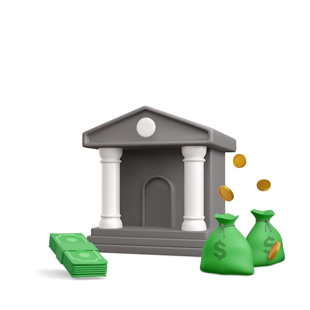 Edificio de banco con monedas de oro pila de dinero y bolsa de dinero en estilo de dibujos animados realistas 3d pancartas y carteles realistas para negocios bancarios Ilustración vectorial
