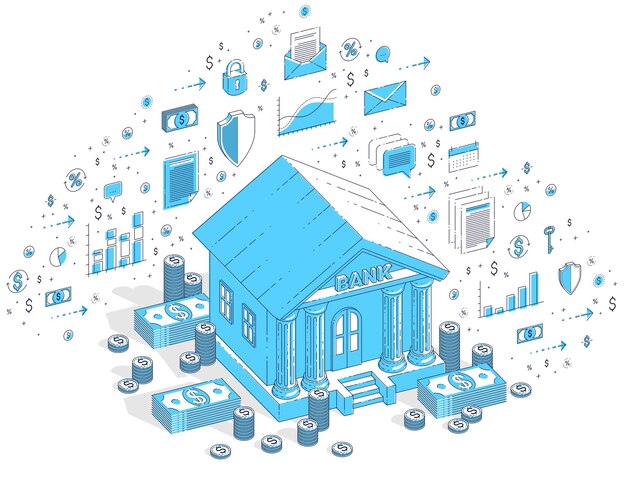 Edificio de banco con pila de dinero en efectivo y dibujos animados de pila de moneda aislado sobre fondo blanco. ilustración de negocios isométricos vectoriales 3d con iconos, gráficos de estadísticas y elementos de diseño.