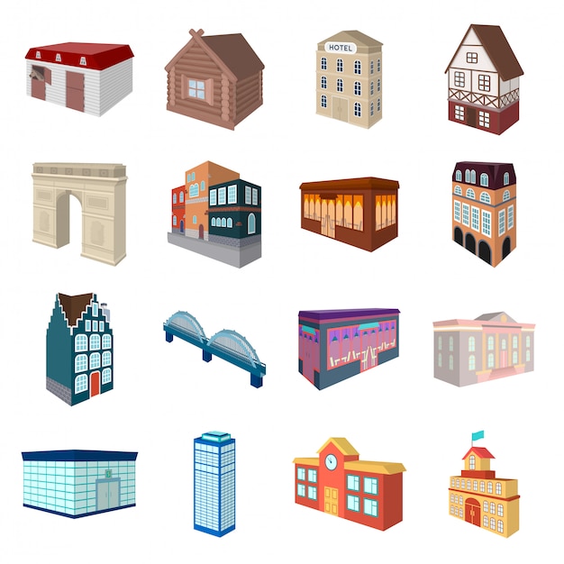 Edificio de la ciudad de dibujos animados conjunto de iconos. casa y rascacielos. Conjunto de dibujos animados aislados icono ciudad edificio.