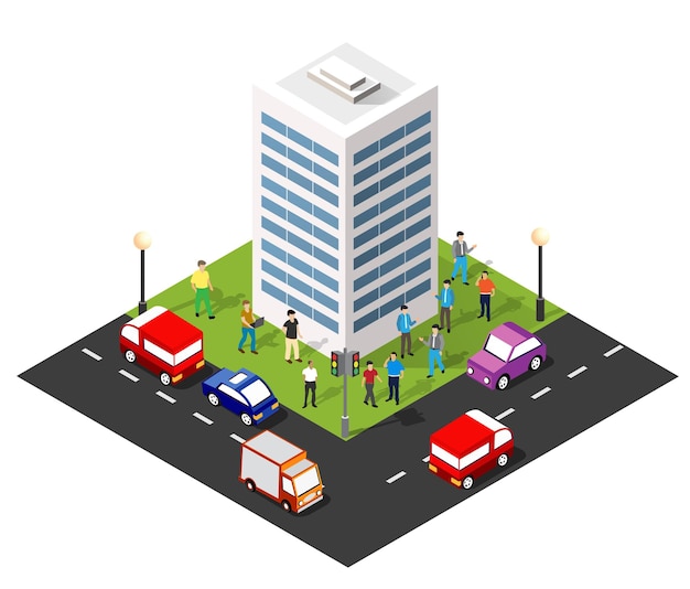 Edificio de la ciudad moderna rodeado de personas y coches ilustración