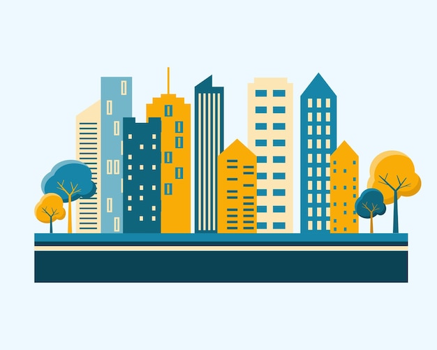Edificio de la ciudad en silueta en ilustración plana diseño vectorial del paisaje urbano Edificios de la ciudad con tr