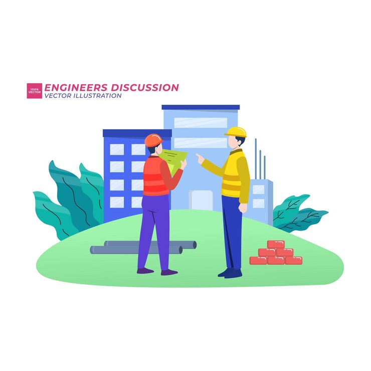 Vector edificio en construcción ilustración plana. capataz y arquitectos discutiendo proyecto arquitectónico, constructores en personajes de dibujos animados del sitio de construcción. ingenieros mostrando blueprint