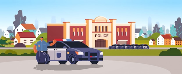 Edificio del departamento de la estación de policía de la ciudad con coches de policía autoridad de seguridad justicia ley concepto de servicio ilustración vectorial