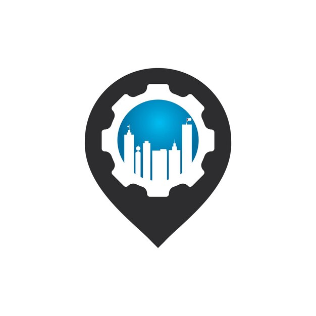 Edificio de engranajes con diseño de logotipo vectorial de puntero de alfileres