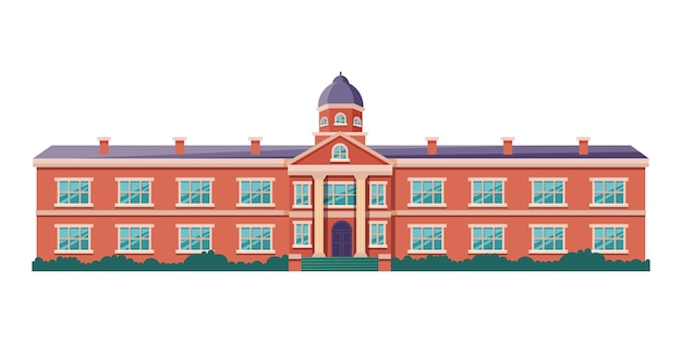 Edificio escolar aislado en fondo blanco Escuela pública clásica en estilo de dibujos animados Institución educativa primaria o secundaria Ilustración vectorial