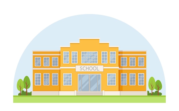 Edificio escolar en la ciudad Casa o casa amarilla con arbustos Educación, aprendizaje y capacitación Plantilla y diseño Ilustración vectorial plana de dibujos animados aislada sobre fondo blanco