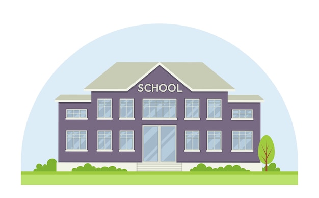 Edificio escolar en la ciudad Hogar o casa azul con arbustos Educación, aprendizaje y formación Elemento gráfico para el sitio web Ilustración vectorial plana de dibujos animados aislada sobre fondo blanco