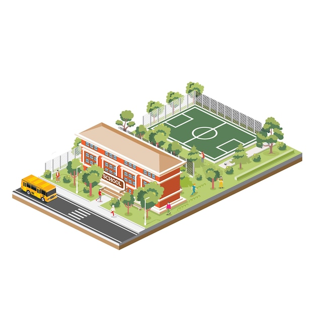 Edificio escolar o universitario con estadio deportivo en el patio de la escuela Escena isométrica Autobús escolar Árboles verdes