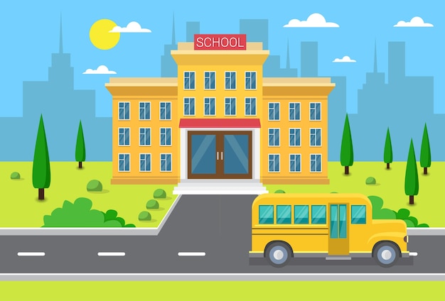 Edificio de la escuela Exterior Autobús amarillo Vista de la ciudad