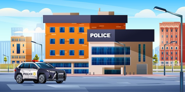 Edificio de la estación de policía con coche de patrulla en el fondo del paisaje urbano Vector de la oficina del departamento de policía