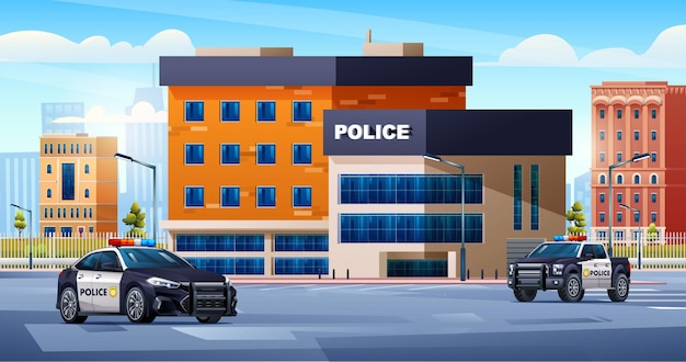 Edificio de la estación de policía con coches de patrulla en el paisaje urbano Oficina del departamento de policía Paisaje de la ciudad