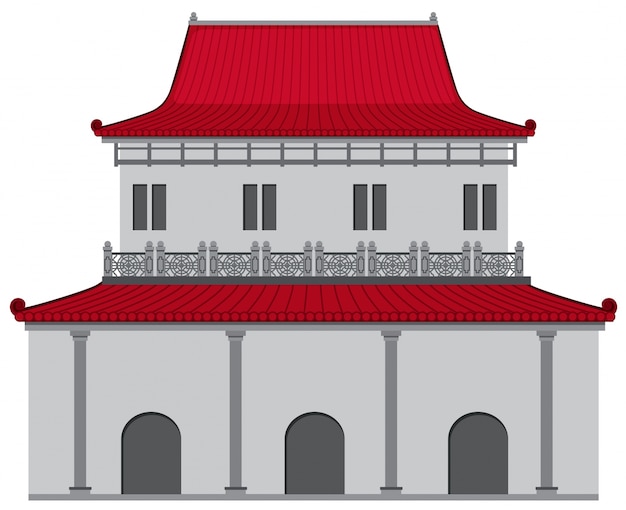 Edificio de estilo chino con techo rojo y pared gris