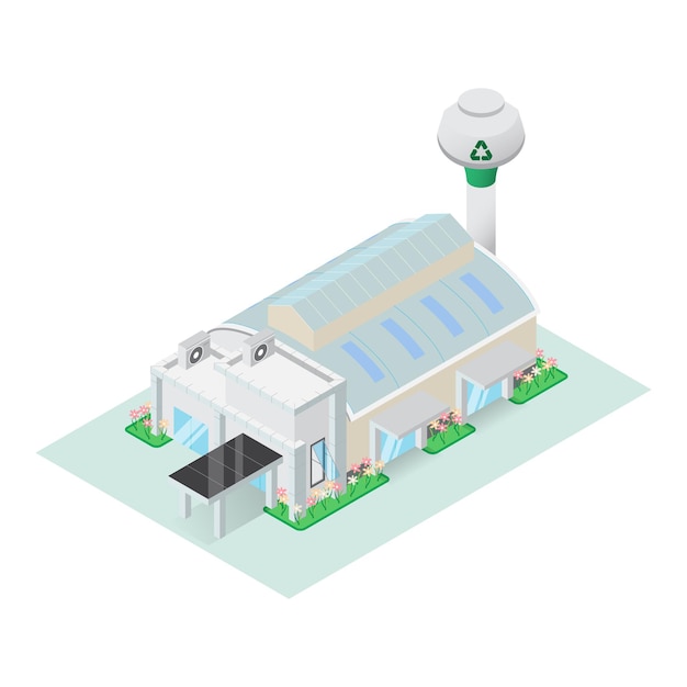 Edificio de fábrica de reciclaje isométrico fabricación de planta industrial y almacenamiento de almacén Elemento infográfico que representa en pantalla blanca