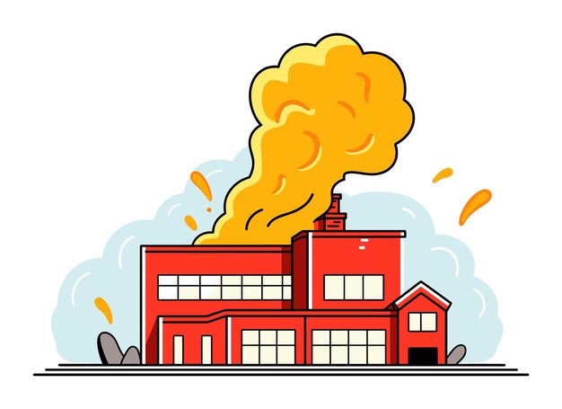 Vector edificio de fábrica rojo con gran chimenea que emite humo amarillo concepto de contaminación industrial