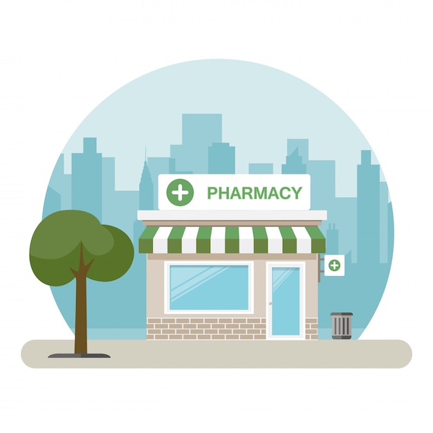 Edificio de farmacia en una gran ciudad. ilustración vectorial