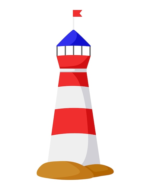 Edificio de faro rojo aislado sobre fondo blanco Ilustración de dibujos animados de vector