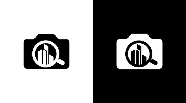 Edificio fotografía logo monograma cámara blanco y negro icono ilustración estilo Diseños plantillas
