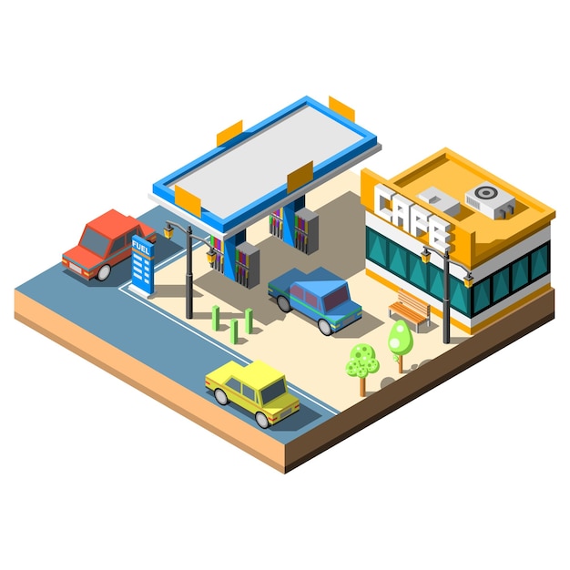 Edificio de gasolinera 3D isométrico con cafetería y automóviles Estilo de diseño vectorial