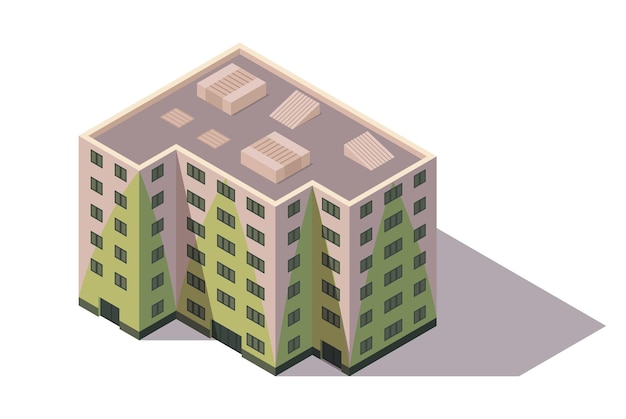 Edificio de gran altura isométrico vectorial Elemento de construcción de mapa de ciudad o pueblo Icono que representa un edificio de varios pisos Casas u oficinas