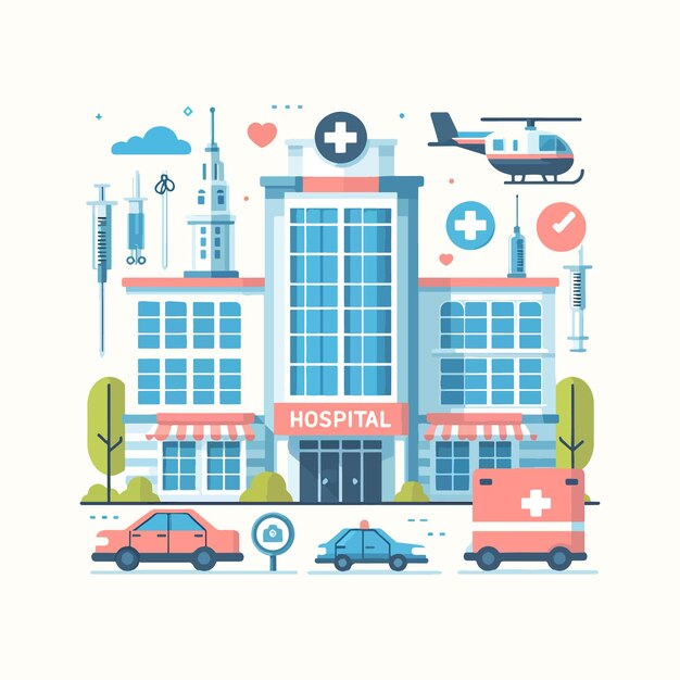 Edificio del hospital con ambulancia y helicóptero en ilustración vectorial de diseño plano