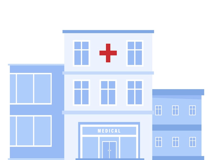 Vector edificio del hospital azul plano de dibujos animados clínica de arte vectorial con ambulancias centro médico oficina del médico