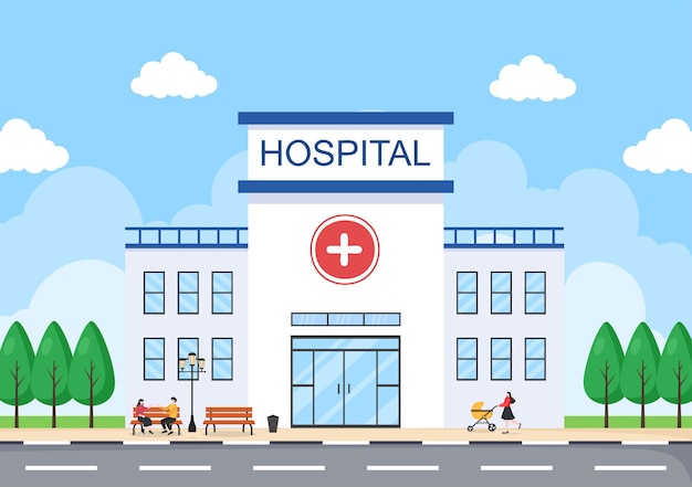 Edificio del hospital para la ilustración de Vector de fondo de dibujos animados de atención médica con ambulancia, médico, paciente, enfermeras y exterior de la clínica médica