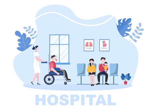 Edificio del hospital para la ilustración de Vector de fondo de dibujos animados de atención médica con ambulancia, médico, paciente, enfermeras y exterior de la clínica médica