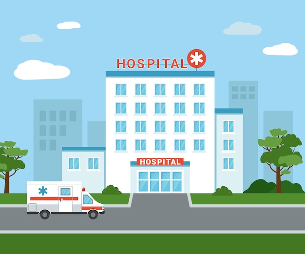 Edificio del hospital médico en el exterior. un coche de ambulancia junto al edificio del hospital. vista exterior del centro médico aislado con árboles y nubes en el fondo. ilustración vectorial plana