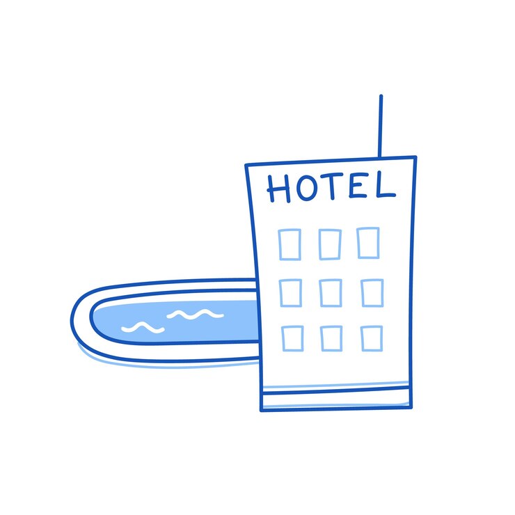 Edificio del hotel garabato Boceto dibujado a mano estilo garabato edificio del hotel Lápiz azul trazo de línea elemento aislado Concepto de agua de viaje de verano Vector