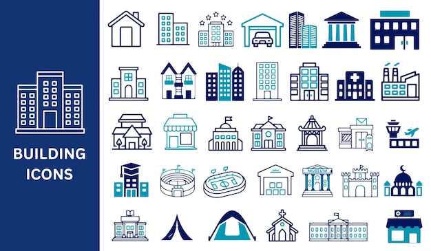 Edificio Icon Set Casa oficina banco escuela hotel tienda universidad tienda de campaña aeropuerto iconos vectoriales