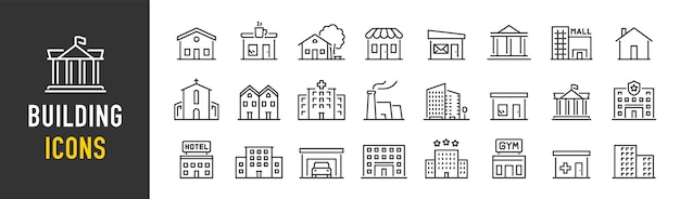 Edificio de iconos web en estilo de línea Hotel hospital apartamento ciudad town house centro comercial colección de café Ilustración vectorial
