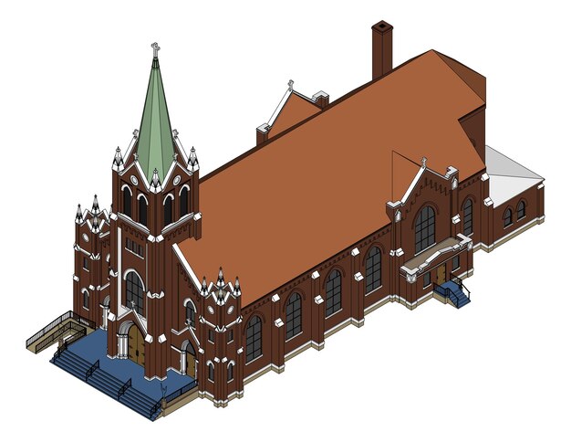 El edificio de la iglesia católica, vistas desde diferentes lados. Ilustración tridimensional sobre un fondo blanco.