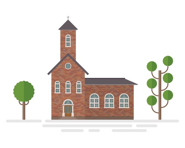 Vector edificio de la iglesia y la ilustración de los árboles aislado en blanco