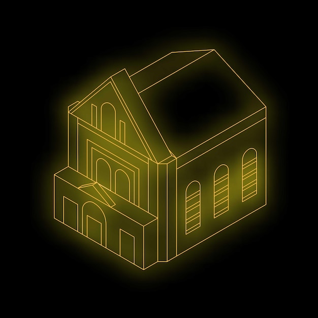 Edificio de iglesia isométrico amarillo brillante sobre fondo negro