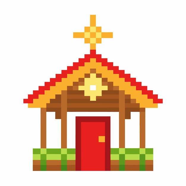 Edificio de la Iglesia de Pixel Art con techo rojo e icono de cruz en estilo de 8 bits