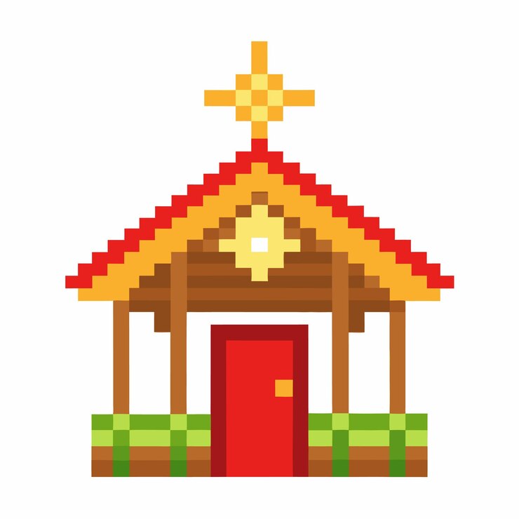 Vector edificio de la iglesia de pixel art con techo rojo e icono de cruz en estilo de 8 bits