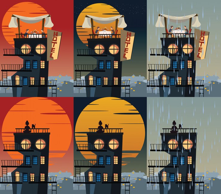 Vector edificio en la ilustración de vector de tiempo diferente