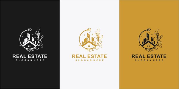 Edificio inmobiliario con concepto de diseño de logotipo de hoja circular. diseño de logotipo de naturaleza inmobiliaria