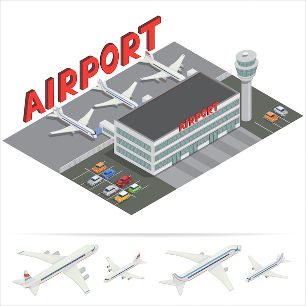 Edificio isométrico del aeropuerto. Terminal del aeropuerto con aviones. Viajes de aire Avión de pasajeros. Ilustración vectorial