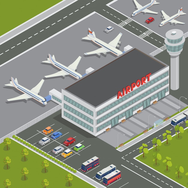 Edificio isométrico del aeropuerto. Terminal del aeropuerto con aviones. Viajes de aire Avión de pasajeros. Ilustración vectorial