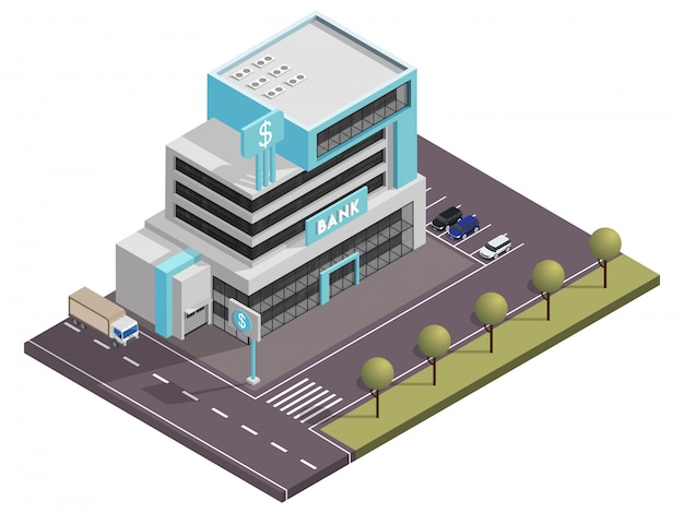 Edificio isométrico del banco con estacionamiento en frente de la calle Vista del patio