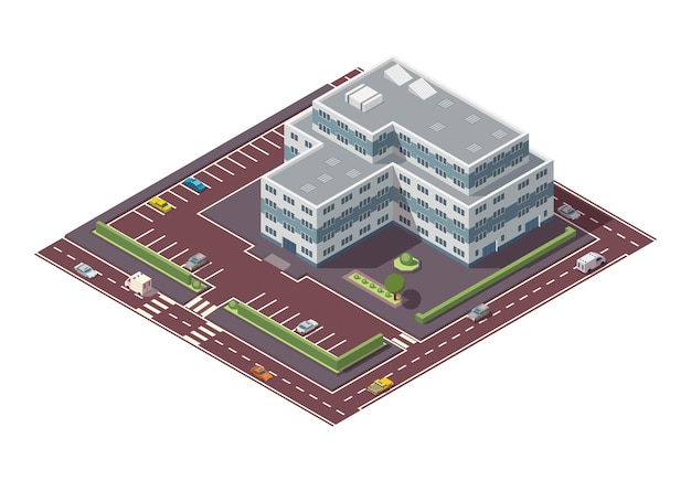 Edificio isométrico de gran altura y elementos de la calle con lugar para estacionamiento. elemento de construcción de mapa de ciudad o pueblo. icono que representa un edificio de varios pisos. casas, hogares u oficinas.